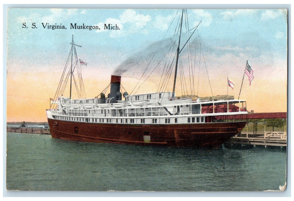 1914 Steamship Virginia Flags Scene Muskegon Michigan MI Posted Vintage Postcard