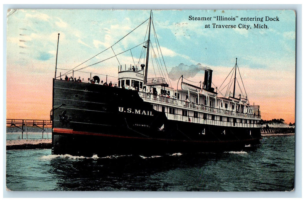 1912 Steamer Illinois Entering Dock Scene At Traverse City MI Posted Postcard
