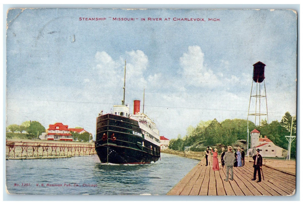 1910 Steamship Missouri In River At Charlevoix Michigan MI Posted House Postcard