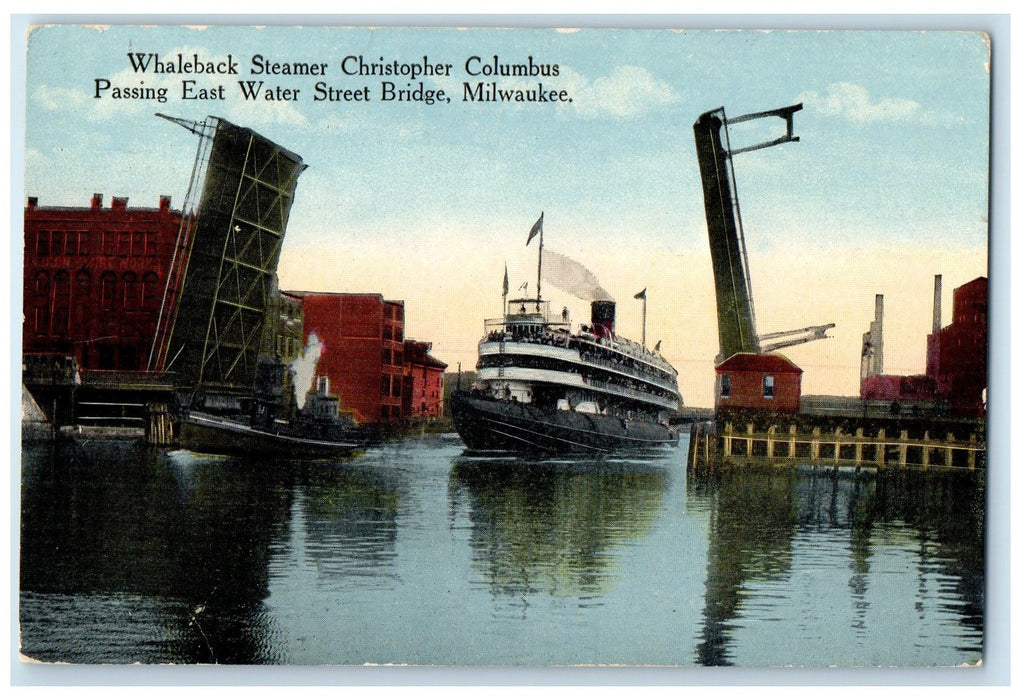 c1920's Whaleback Steamer Christopher Columbus Passing Milwaukee WI Postcard