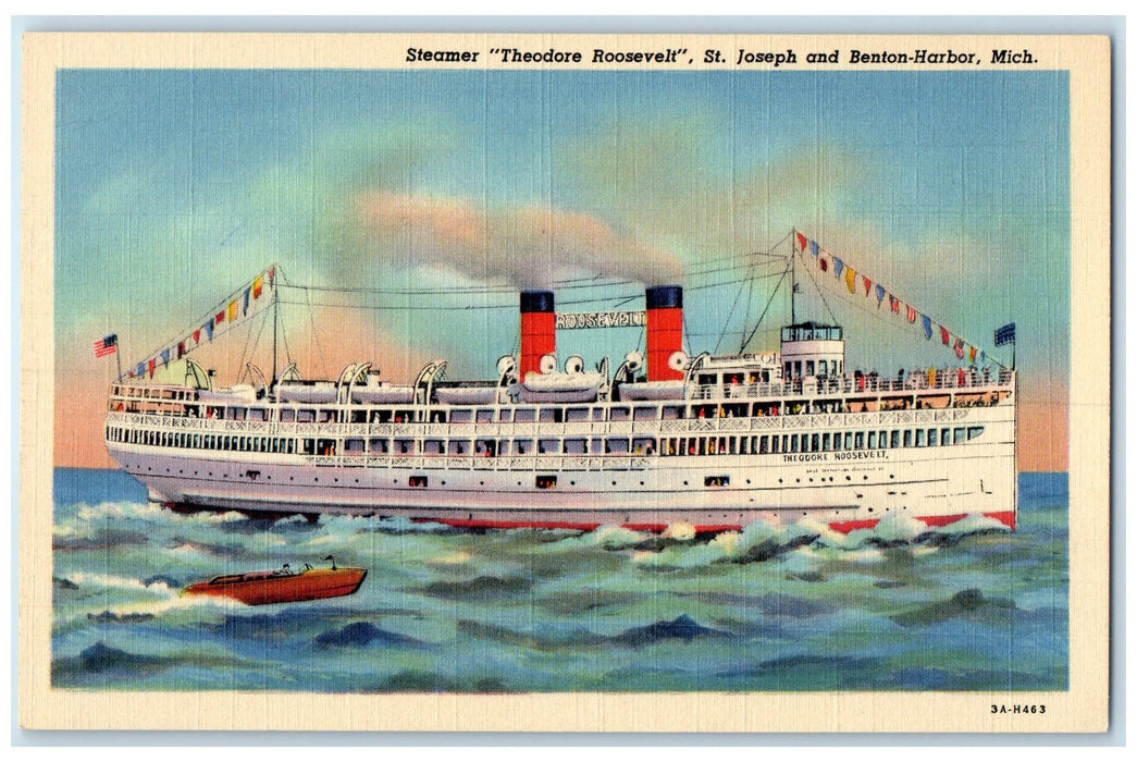 c1940's Steamer Theodore Roosevelt St. Joseph And Benton Harbor MI Boat Postcard