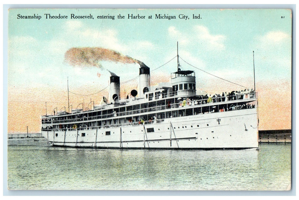 c1940's Steamship Theodore Roosevelt Entering Harbor Michigan City IN Postcard