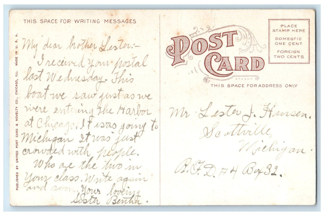 c1940's Steamship Theodore Roosevelt Entering Harbor Michigan City IN Postcard