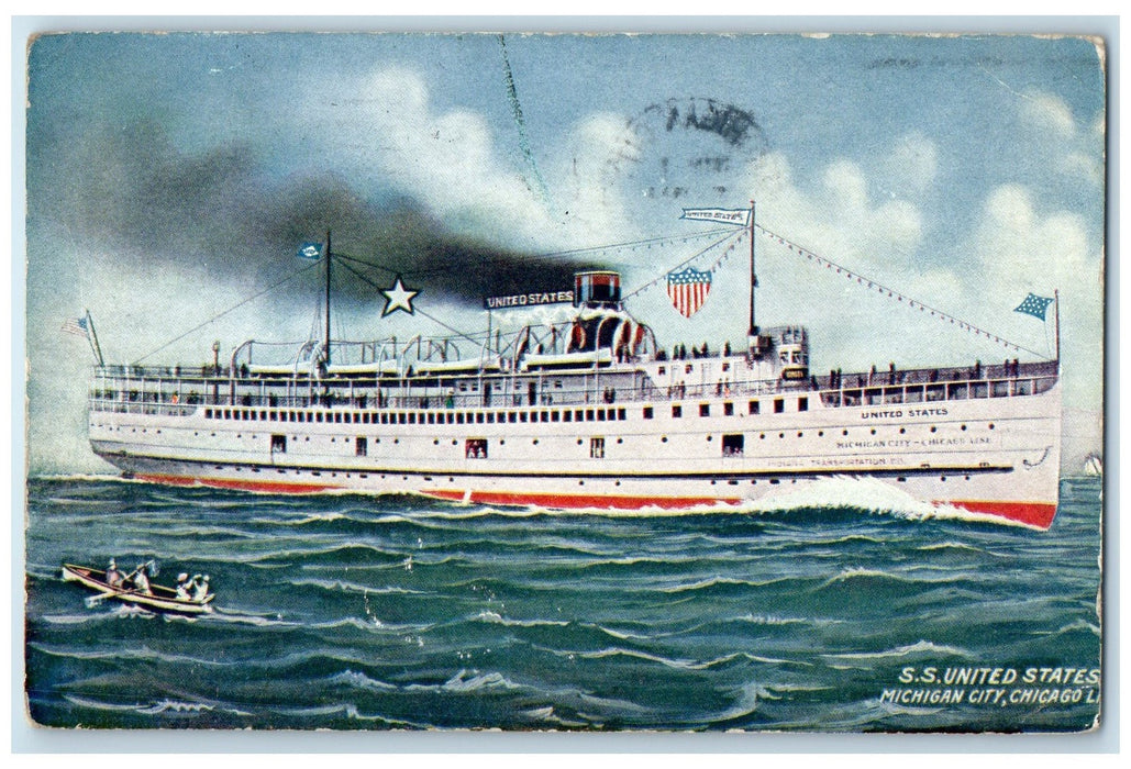 1909 Steamship United States Michigan City Chicago Line IN Posted Boat Postcard
