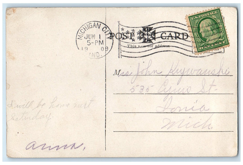 1909 Steamship United States Michigan City Chicago Line IN Posted Boat Postcard