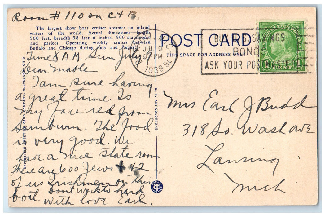 1939 The Great Ship Seeandbee Daily Buffalo Cleveland And Chicago MI Postcard