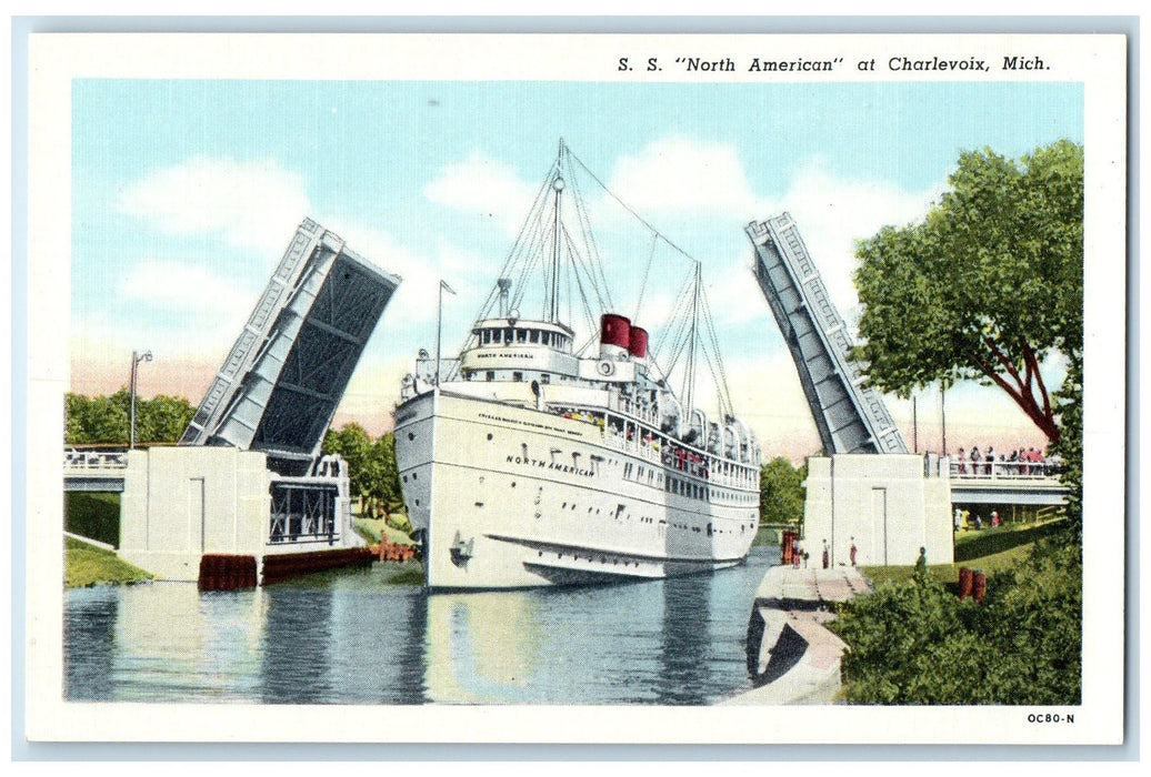 c1940s Steamship North American At Charlevoix Michigan MI Unposted Tree Postcard