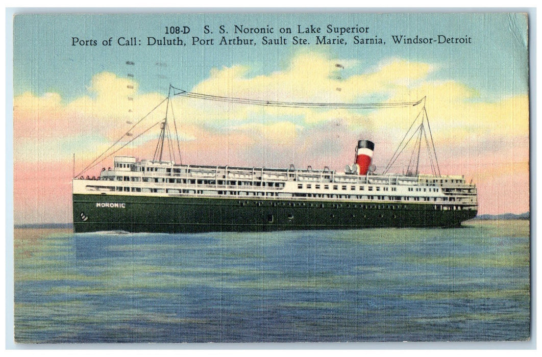 1949 Steamship Noronic On Lake Superior Michigan MI Posted Sunset Scene Postcard