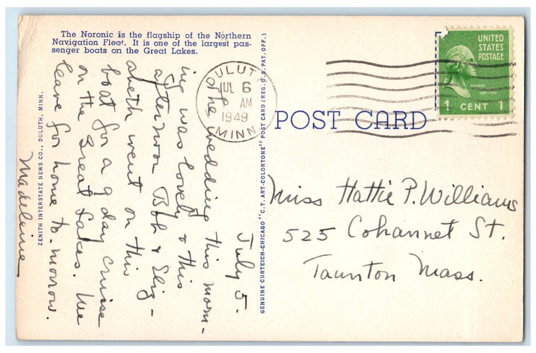 1949 Steamship Noronic On Lake Superior Michigan MI Posted Sunset Scene Postcard