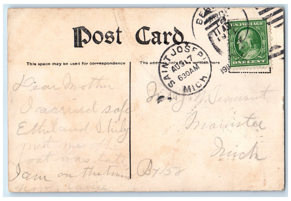 1911Steamer Manistee Neseen Transit Company Saint Jose Michigan MI Flag Postcard