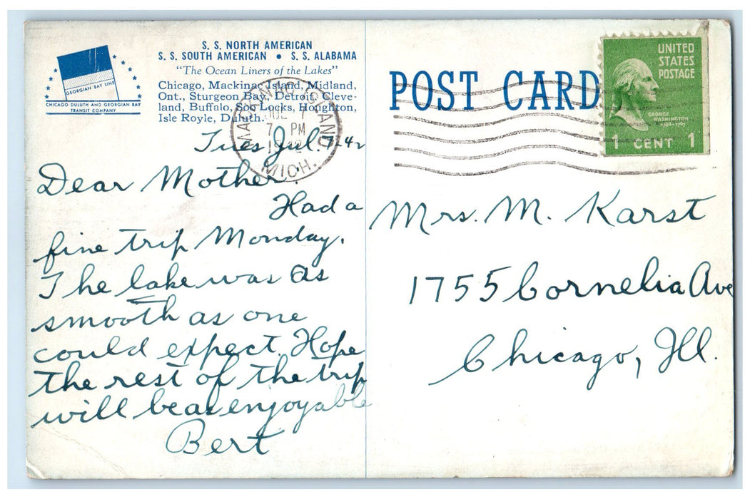 1942 Steamship Alabama Scene Mackinac Island Michigan MI Posted Vintage Postcard