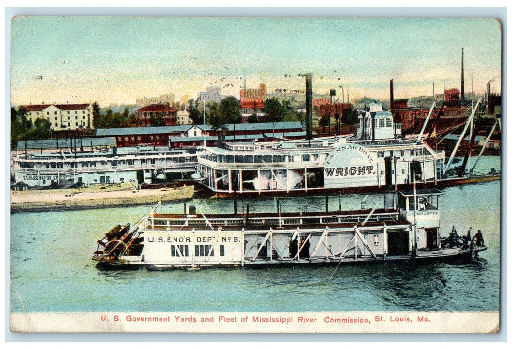 1908 US Government Yard Fleet Mississippi River Commission St. Louis MO Postcard