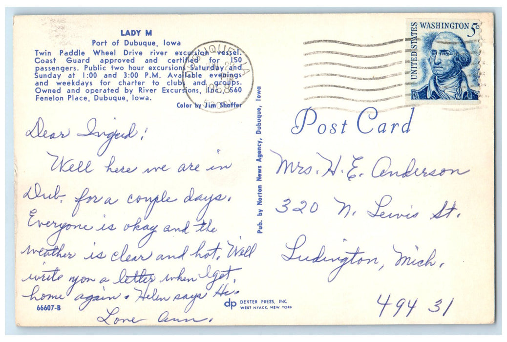 1968 Greetings From Dubuque Iowa IA Lady M Twin Paddle Wheel Drive Sea Postcard