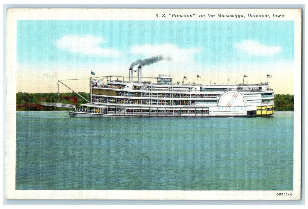 1941 Steamship President On The Mississippi Dubuque Iowa IA Posted Sea Postcard