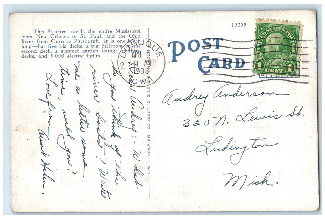 1938 Excursion Steamer JS De Luxe Scene Dubuque Iowa IA Posted Vintage Postcard