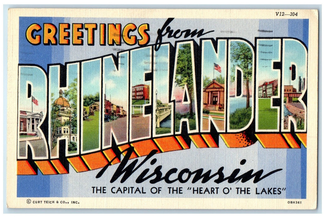 1942 Large Letter Greetings From Rhinelander Wisconsin WI Posted Flags Postcard