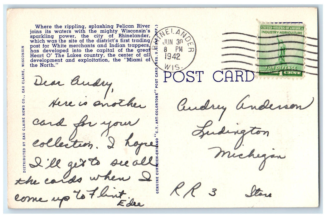 1942 Large Letter Greetings From Rhinelander Wisconsin WI Posted Flags Postcard