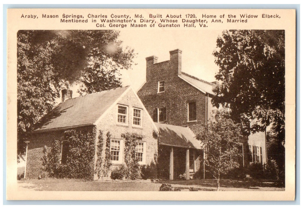 c1940's Araby Mason Springs Charles County Maryland MD Widow Elbeck Postcard