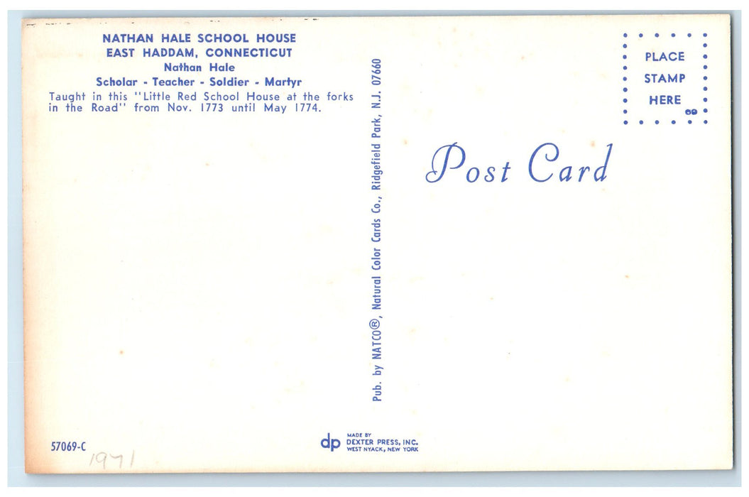 c1950's Nathan Hale School House East Haddam Connecticut CT Unposted Postcard