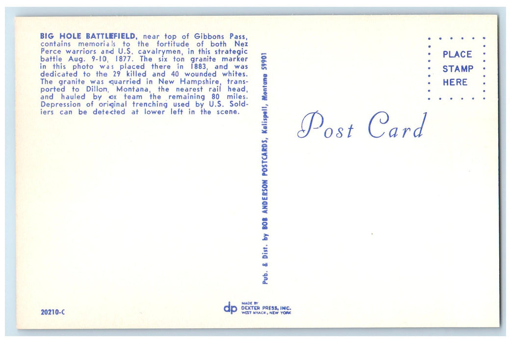 c1960s Big Hole Battlefield Beaverhead County Montana MT Unposted Trees Postcard
