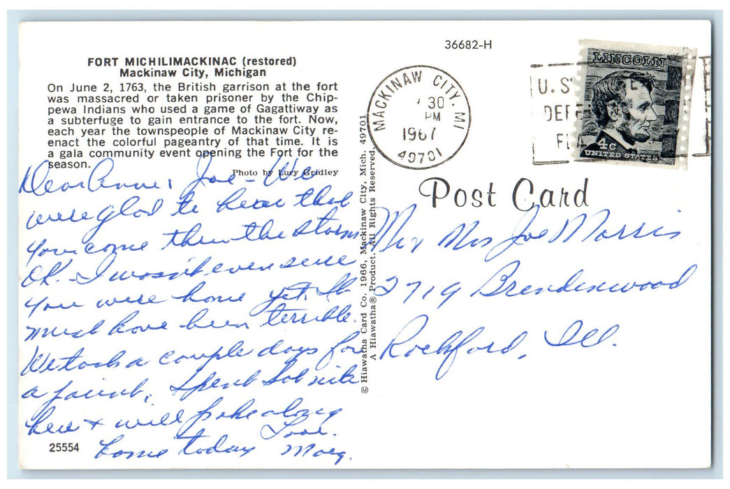 1967 Fort Michilimackinac Soldiers Indians Entrance Mackinaw City MI Postcard