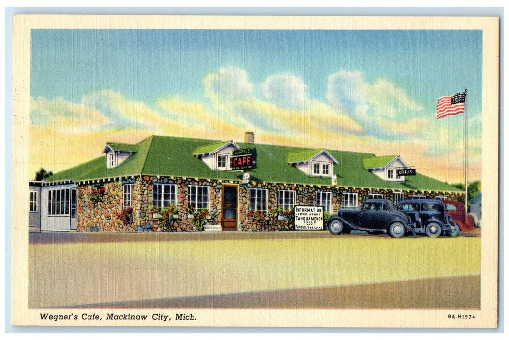 1940 Wegner's Cafe Restaurant Classic Cars Mackinaw City Michigan MI Postcard