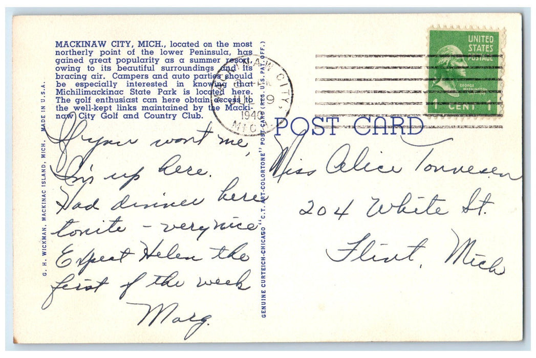1940 Wegner's Cafe Restaurant Classic Cars Mackinaw City Michigan MI Postcard