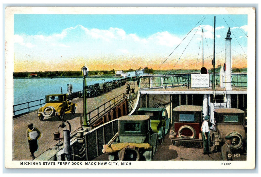 c1940 Michigan State Ferry Dock Classic Cars Cargo Shipping Mackinaw MI Postcard