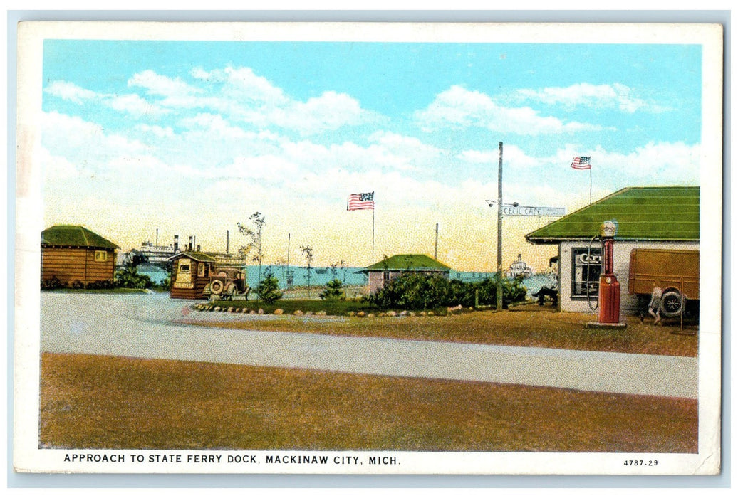 1940 Approach To State Ferry Dock Harbor Steam Ferry Mackinaw City MI Postcard