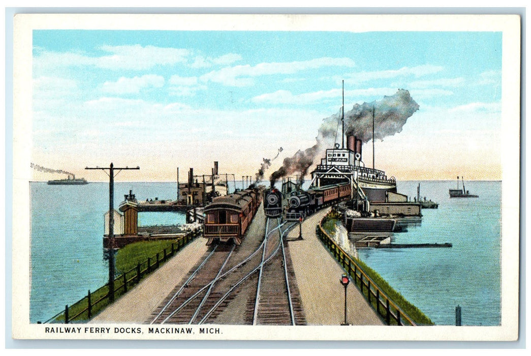 1940 Railway Ferry Docks Harbor Steam Boat Train Unloading Mackinaw MI Postcard