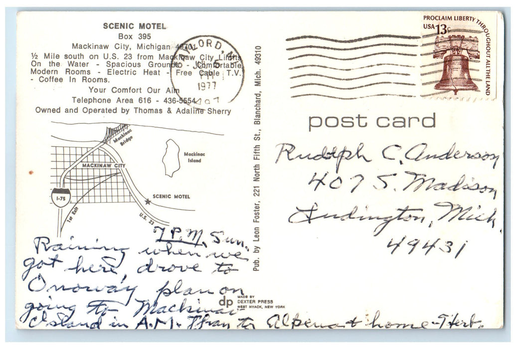 1977 Scenic Motel Cottage Entrance Restaurant Mackinaw City Michigan MI Postcard