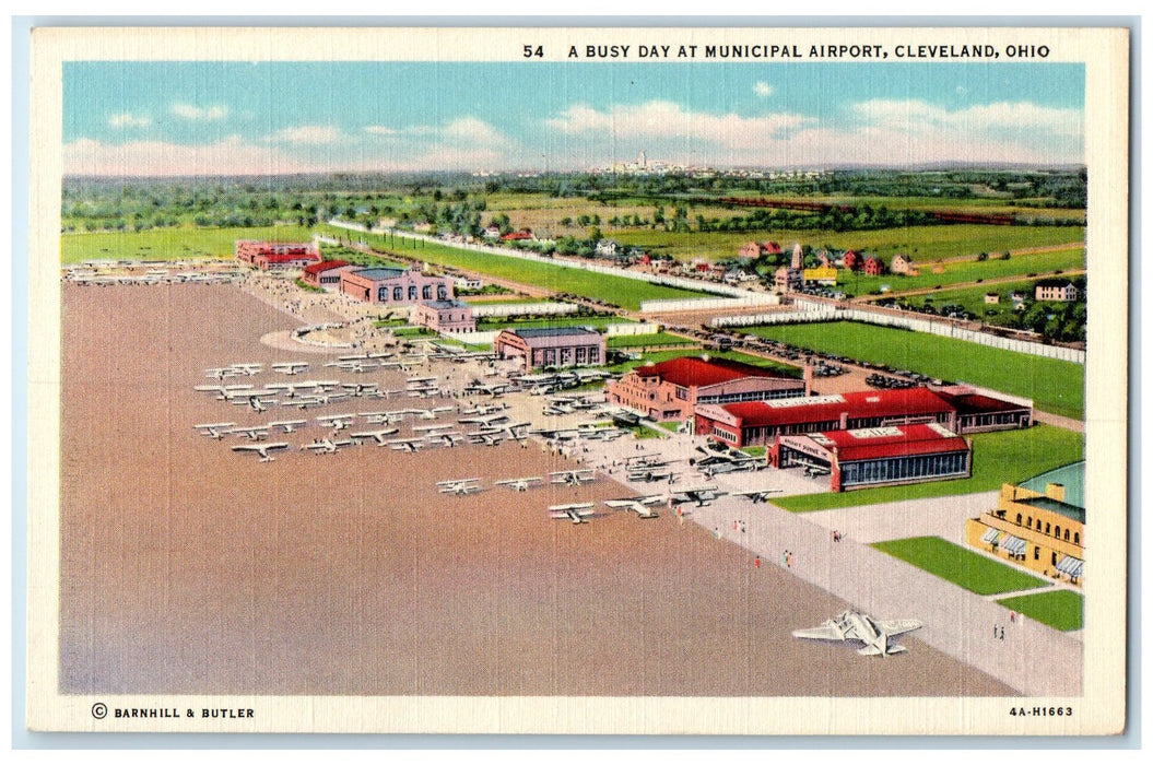 c1940's Busy Day At Municipal Airport Buildings Airplanes Cleveland OH Postcard