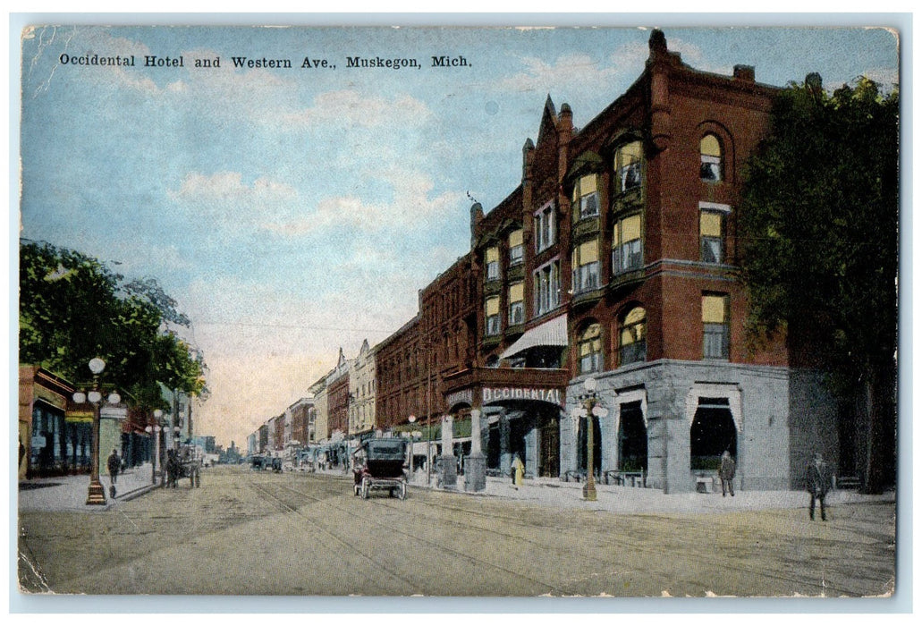 1916 Occidental Hotel & Western Avenue Restaurant Muskegon Michigan MI Postcard