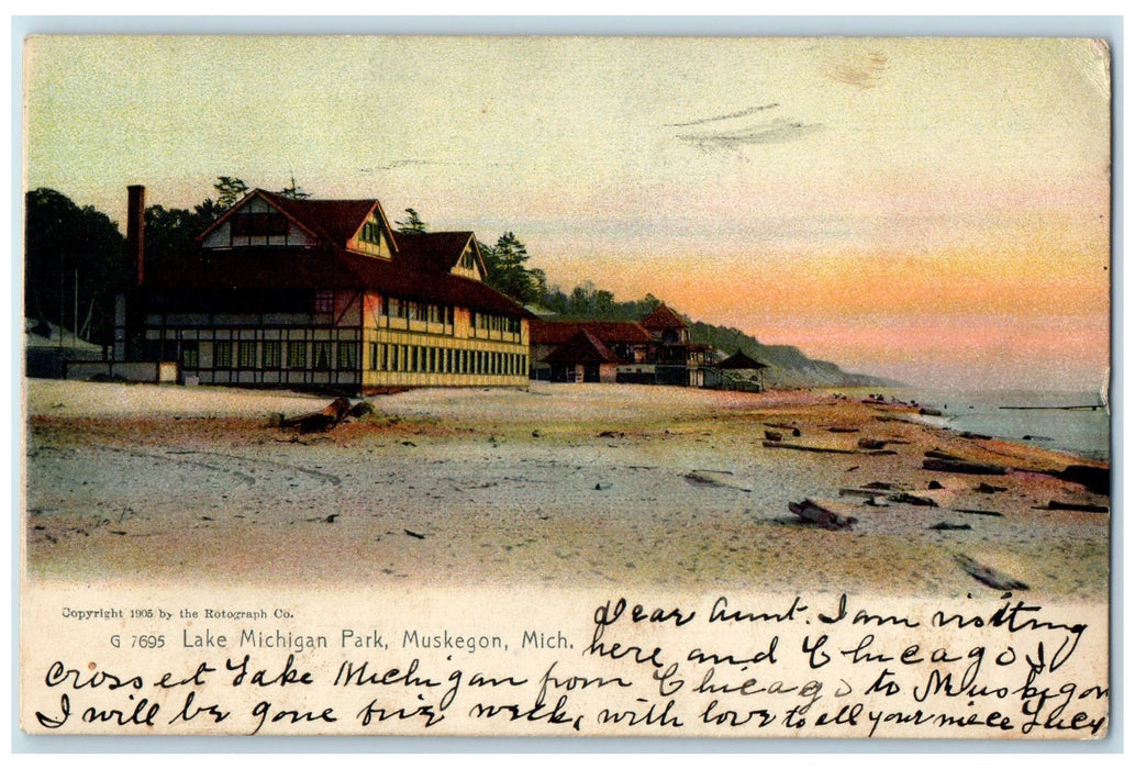 1909 Lake Michigan Park Shore Line Building View Muskegon Michigan MI Postcard