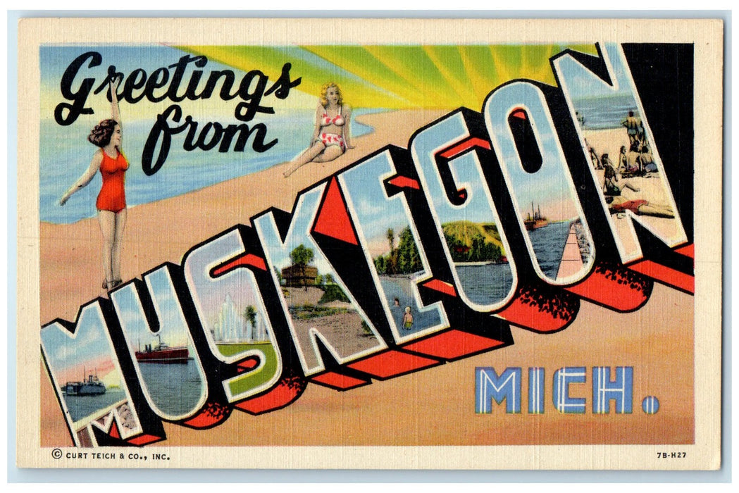 c1940's Greetings From Muskegon Large Letter Ferry Bathing Michigan MI Postcard