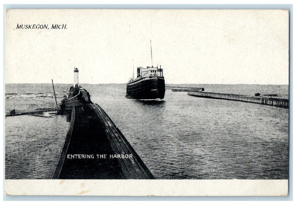 c1920's Entering The Harbor Lighthouse Tower Ship Muskegon Michigan MI Postcard