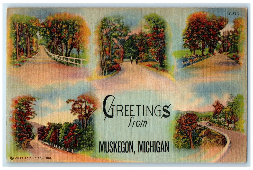 1940 Greetings From Muskegon Turnpikes Views Forest Michigan MI Posted Postcard