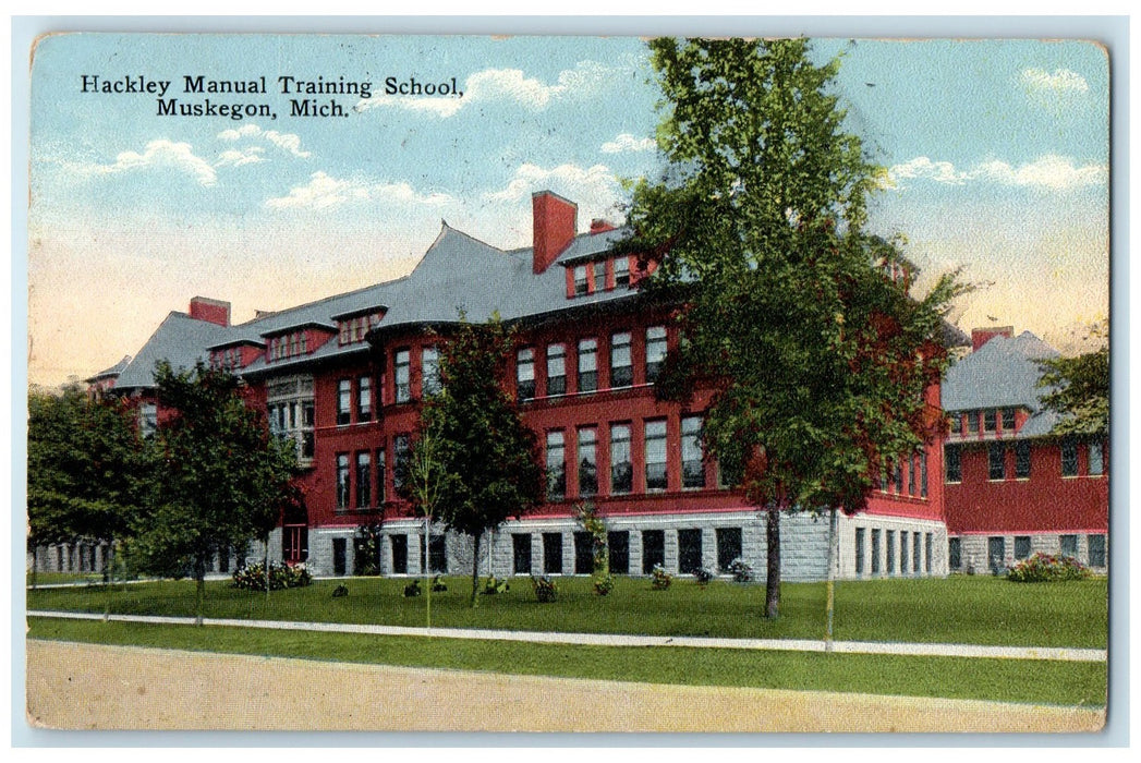 1915 Hackley Manual Training School Campus Building Ground Muskegon MI Postcard