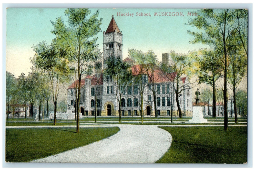 c1910 Hackley School Campus Building Monument Clock Tower Muskegon MI Postcard