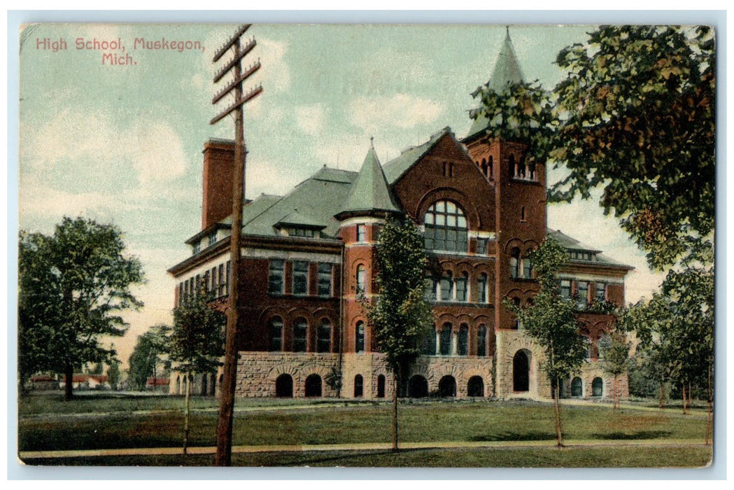 1911 High School Building Campus Tower Entrance Muskegon Michigan MI Postcard