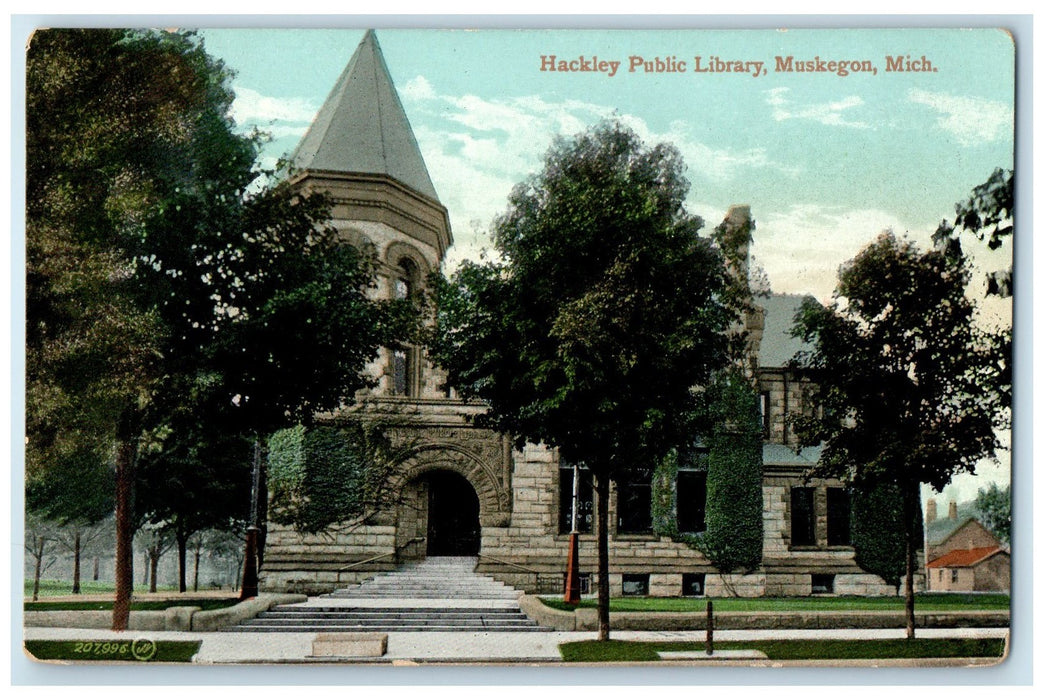 c1950's Hackley Public Library Building Entrance Muskegon Michigan MI Postcard