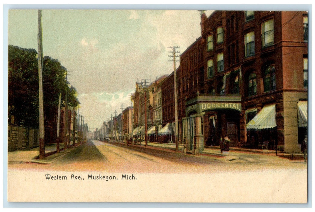 c1920's Western Avenue Establishment Dirt Road Railway View Muskegon MI Postcard
