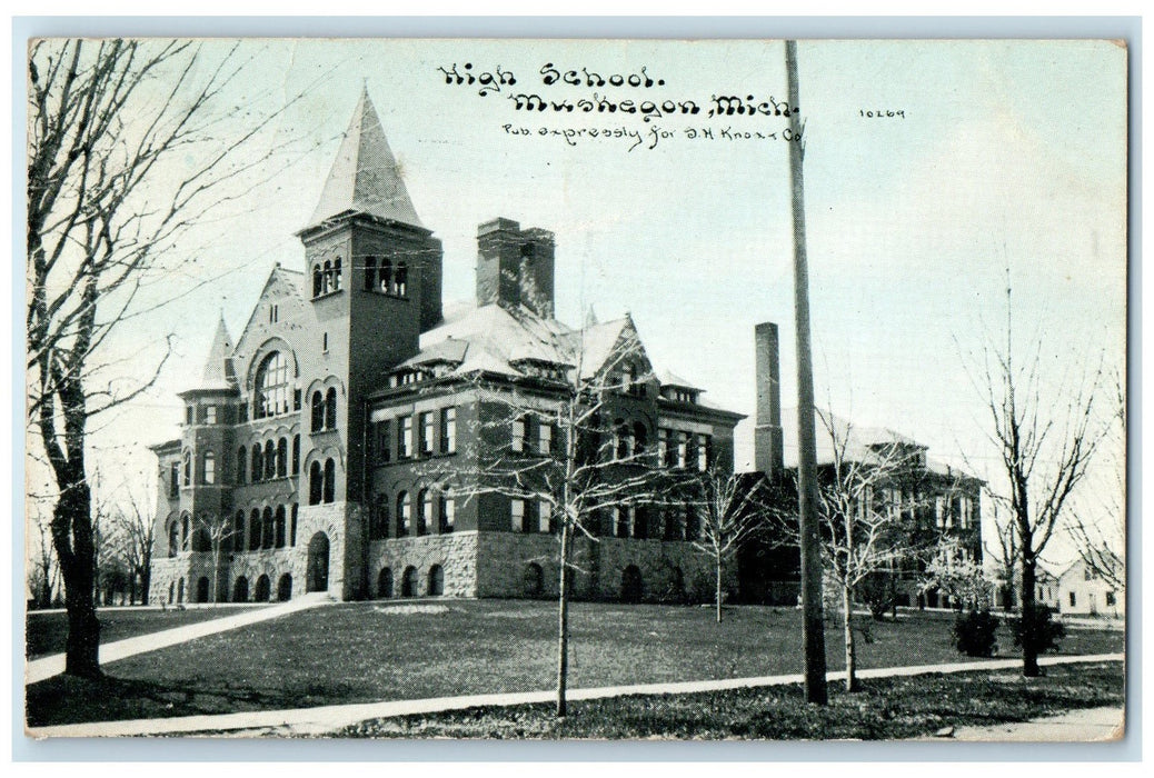 1910 High School Campus Building Tower Smokestacks Muskegon Michigan MI Postcard
