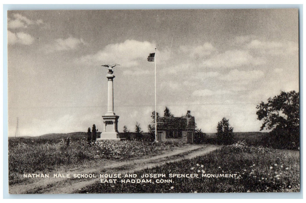 c1940s Nathan Hale School Gen. Joseph Spencer's Monument East Haddam CT Postcard