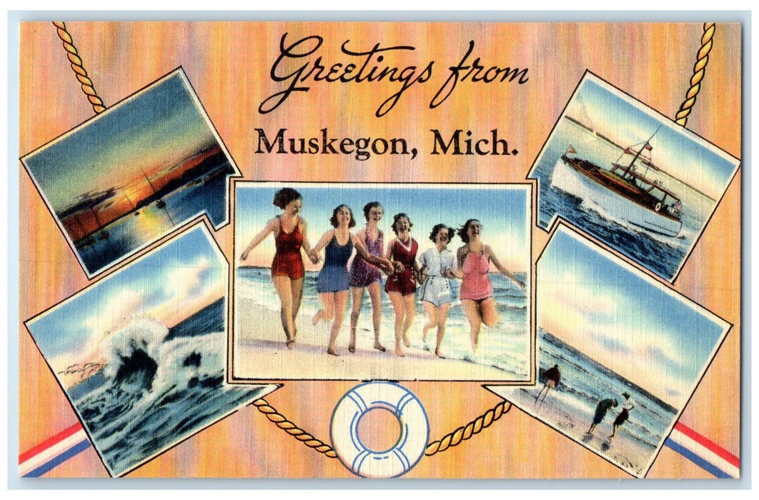 c1940 Greetings From Muskegon Composite View Beach Michigan MI Unposted Postcard