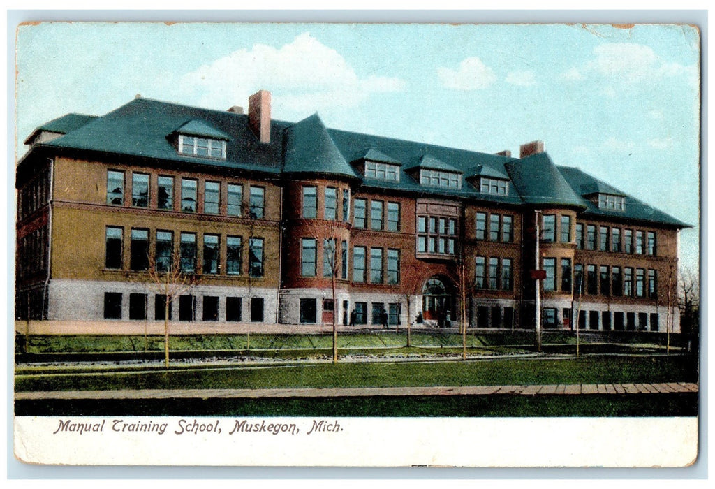 c1905 Manual Training School Front Campus Building Muskegon Michigan MI Postcard