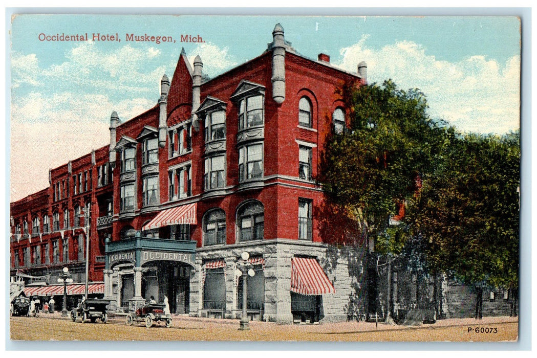 1917 Occidental Hotel Building Restaurant Classic Cars View Muskegon MI Postcard