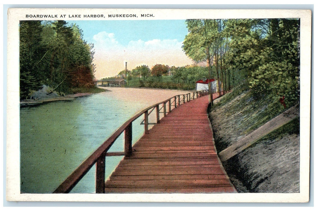 c1920's Boardwalk At Lake Harbor Boats Muskegon Michigan MI Unposted Postcard