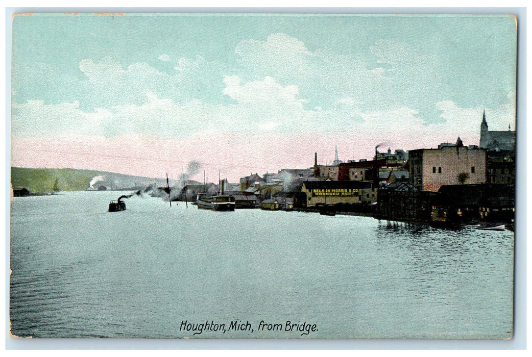 c1950 From Bridge Steam Boats Smokestacks Building Houghton Michigan MI Postcard