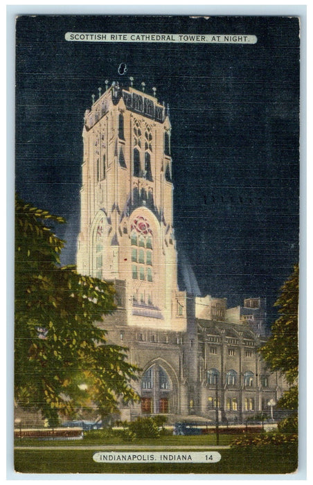 1948 Scottish Rite Cathedral Tower At Night Indianapolis Indiana IN Postcard